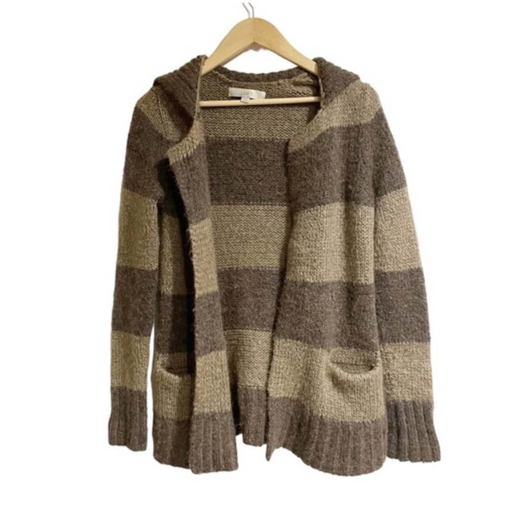LOFT Mohair Brown Wide Stripe Open Cardigan Sweater XS - Picture 4 of 13